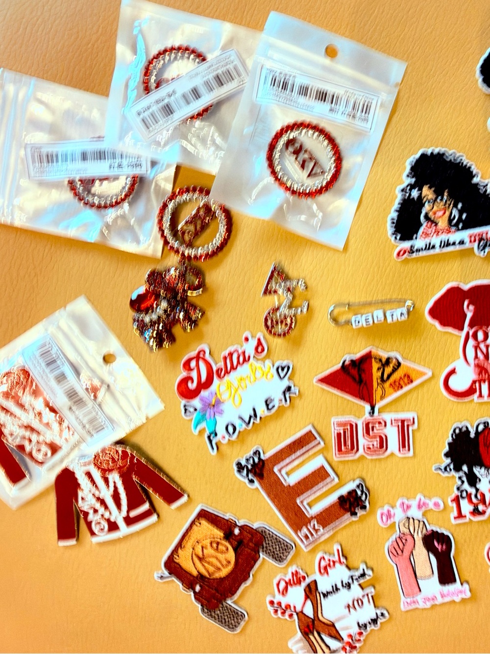 DST Red Sorority Brooches and Iron-On Patches - Mixed Set
